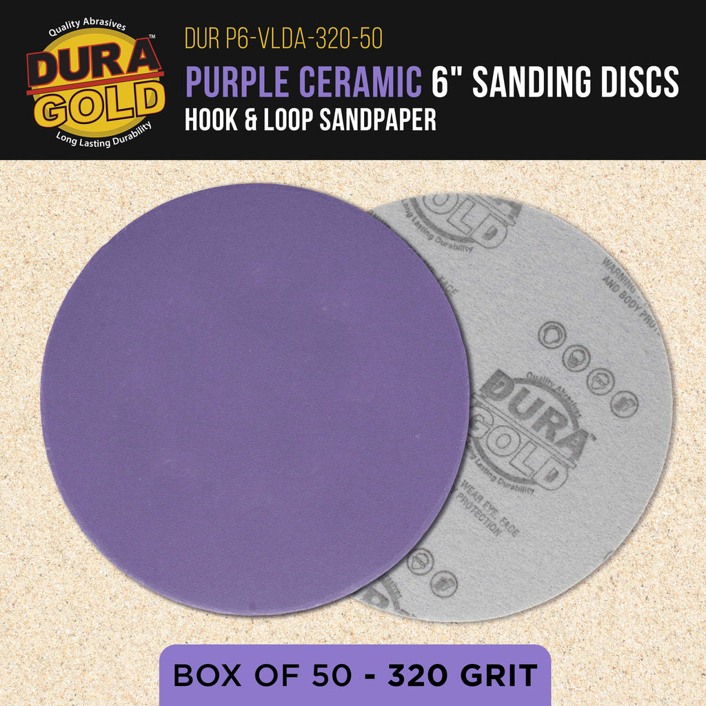 Premium 320 Grit 6" Purple Film Ceramic Sanding Discs, Box of 50 - Hook & Loop Backing Sandpaper for DA & Random Orbital Sanders