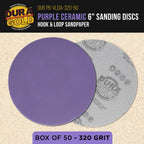 Premium 320 Grit 6" Purple Film Ceramic Sanding Discs, Box of 50 - Hook & Loop Backing Sandpaper for DA & Random Orbital Sanders
