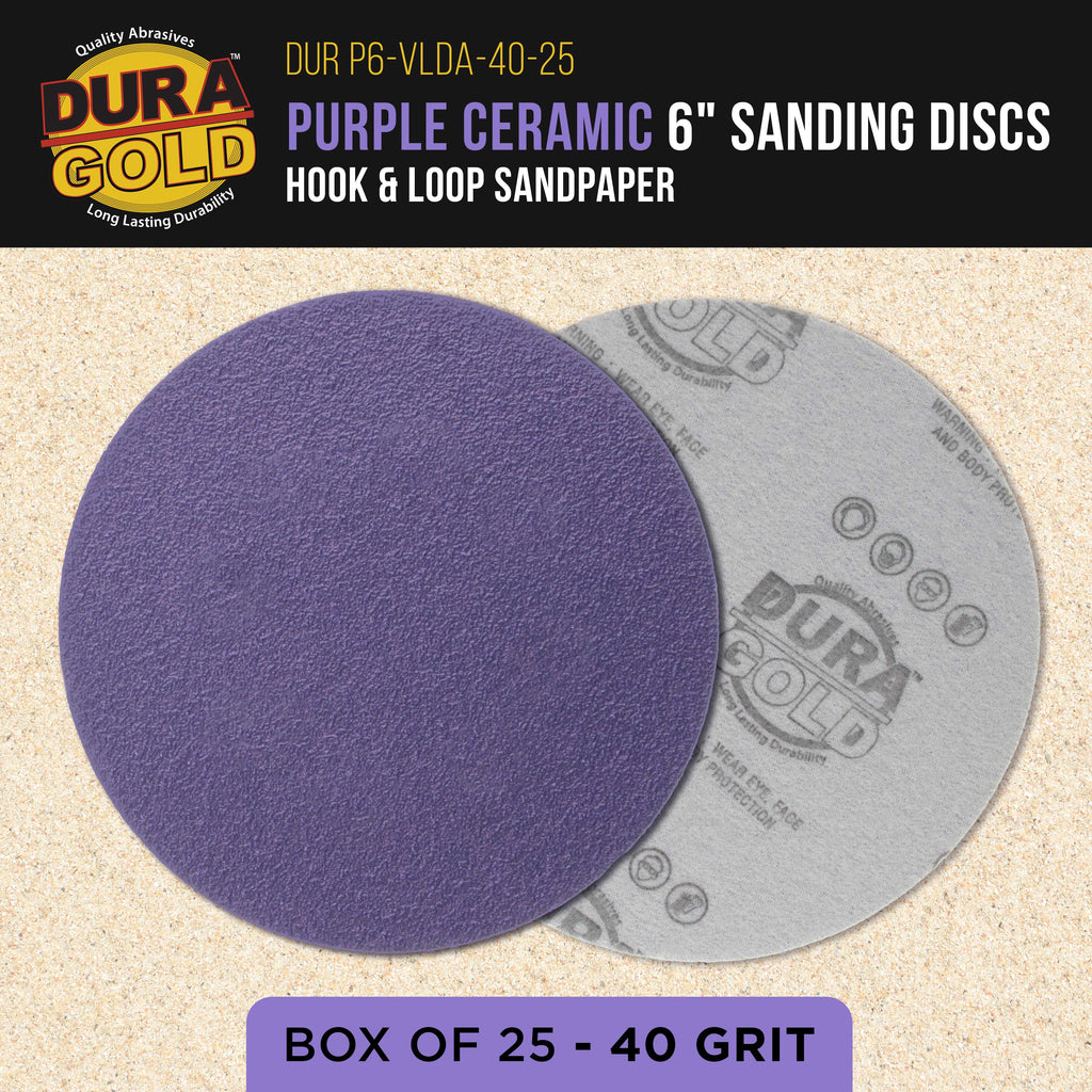 Premium 40 Grit 6" Purple Film Ceramic Sanding Discs, Box of 25 - Hook & Loop Backing Sandpaper for DA & Random Orbital Sanders