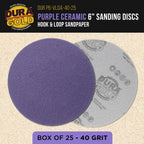Premium 40 Grit 6" Purple Film Ceramic Sanding Discs, Box of 25 - Hook & Loop Backing Sandpaper for DA & Random Orbital Sanders