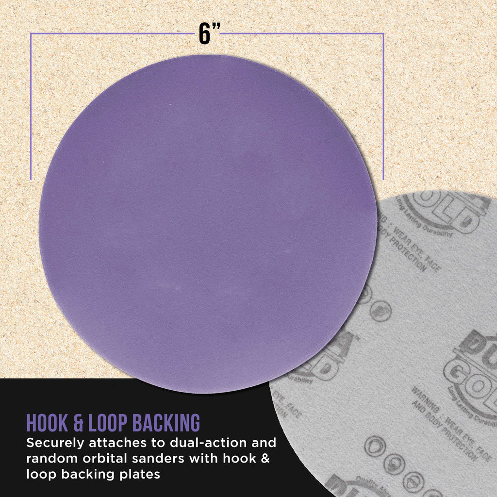 Premium 400 Grit 6" Purple Film Ceramic Sanding Discs, Box of 50 - Hook & Loop Backing Sandpaper for DA & Random Orbital Sanders