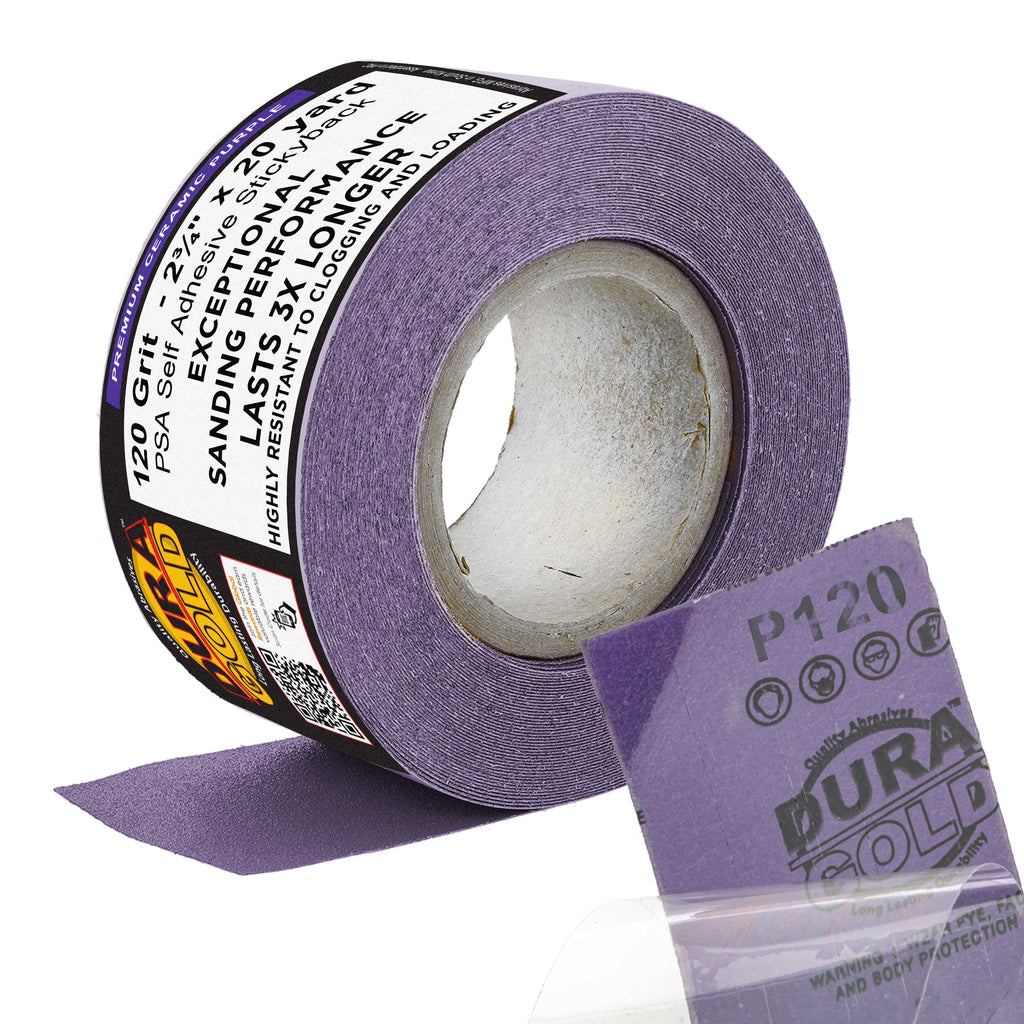 Premium 120 Grit PSA Purple Film Ceramic Longboard Sandpaper, 2-3/4" Wide Continuous 20 Yard Roll - Self Adhesive Stickyback for Auto & Wood Air File Long Board Sanders, Hand Sanding Blocks