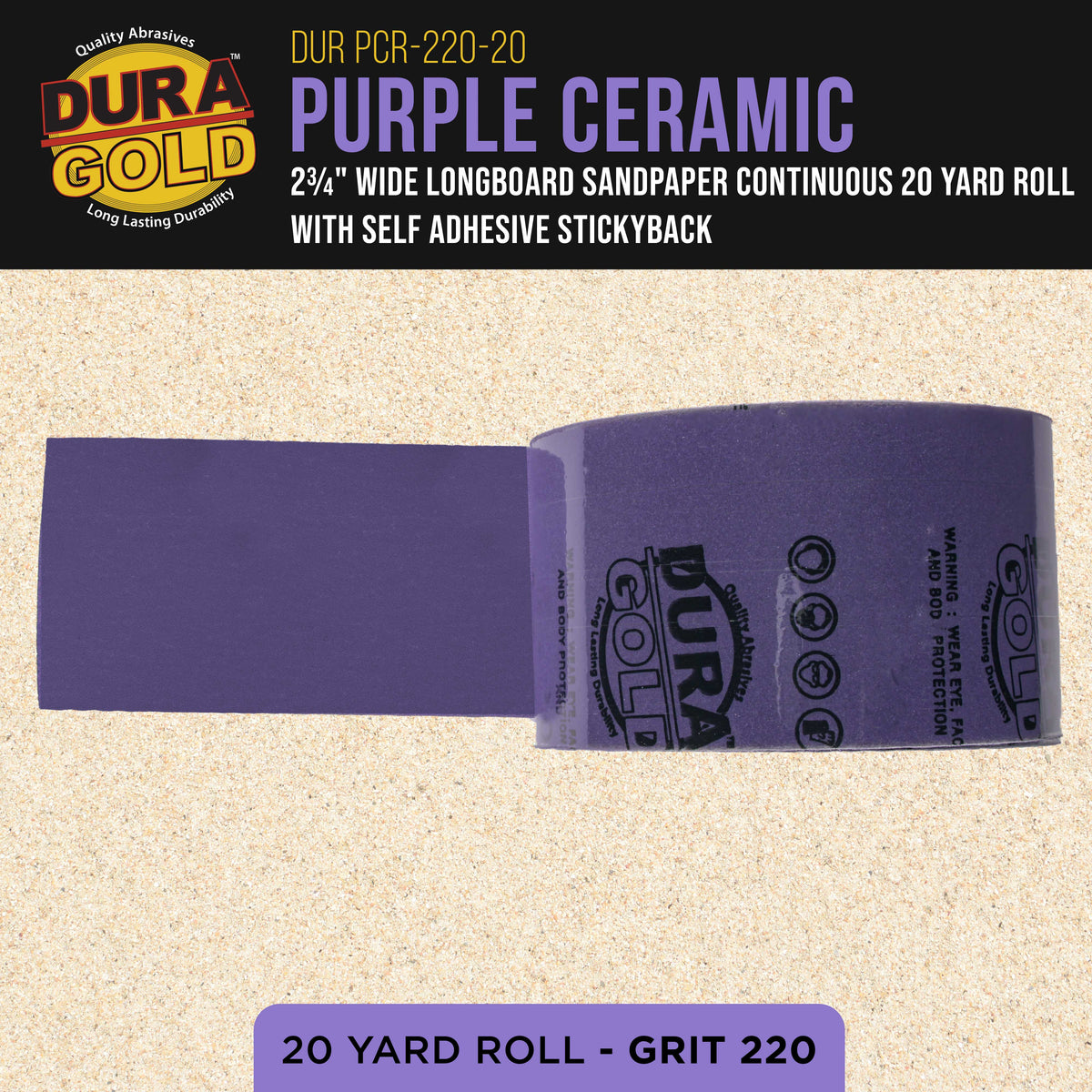Premium 220 Grit PSA Purple Film Ceramic Longboard Sandpaper, 2-3/4" Wide Continuous 20 Yard Roll - Self Adhesive Stickyback for Auto & Wood Air File Long Board Sanders, Hand Sanding Blocks