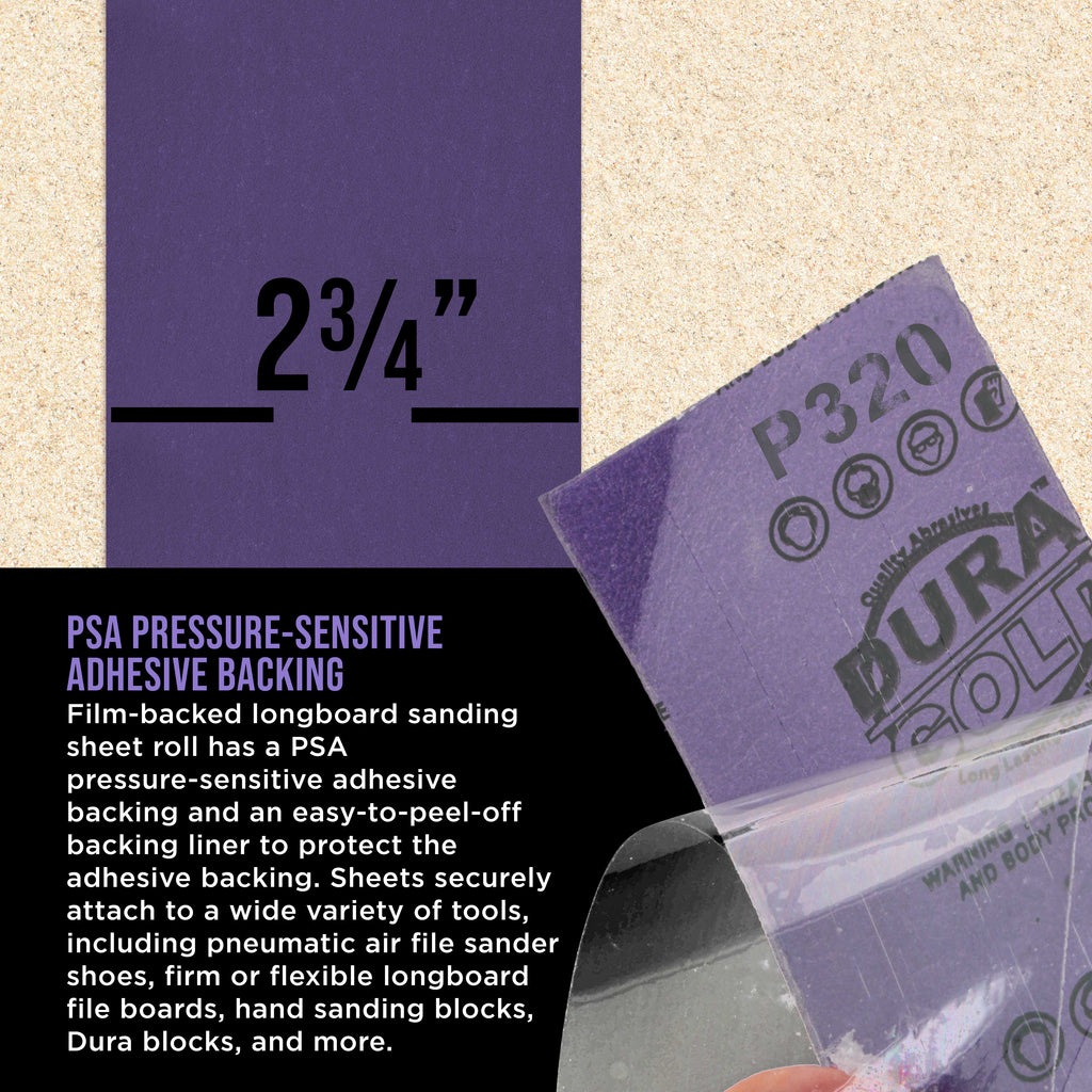 Premium 320 Grit PSA Purple Film Ceramic Longboard Sandpaper, 2-3/4" Wide Continuous 20 Yard Roll - Self Adhesive Stickyback for Auto & Wood Air File Long Board Sanders, Hand Sanding Blocks