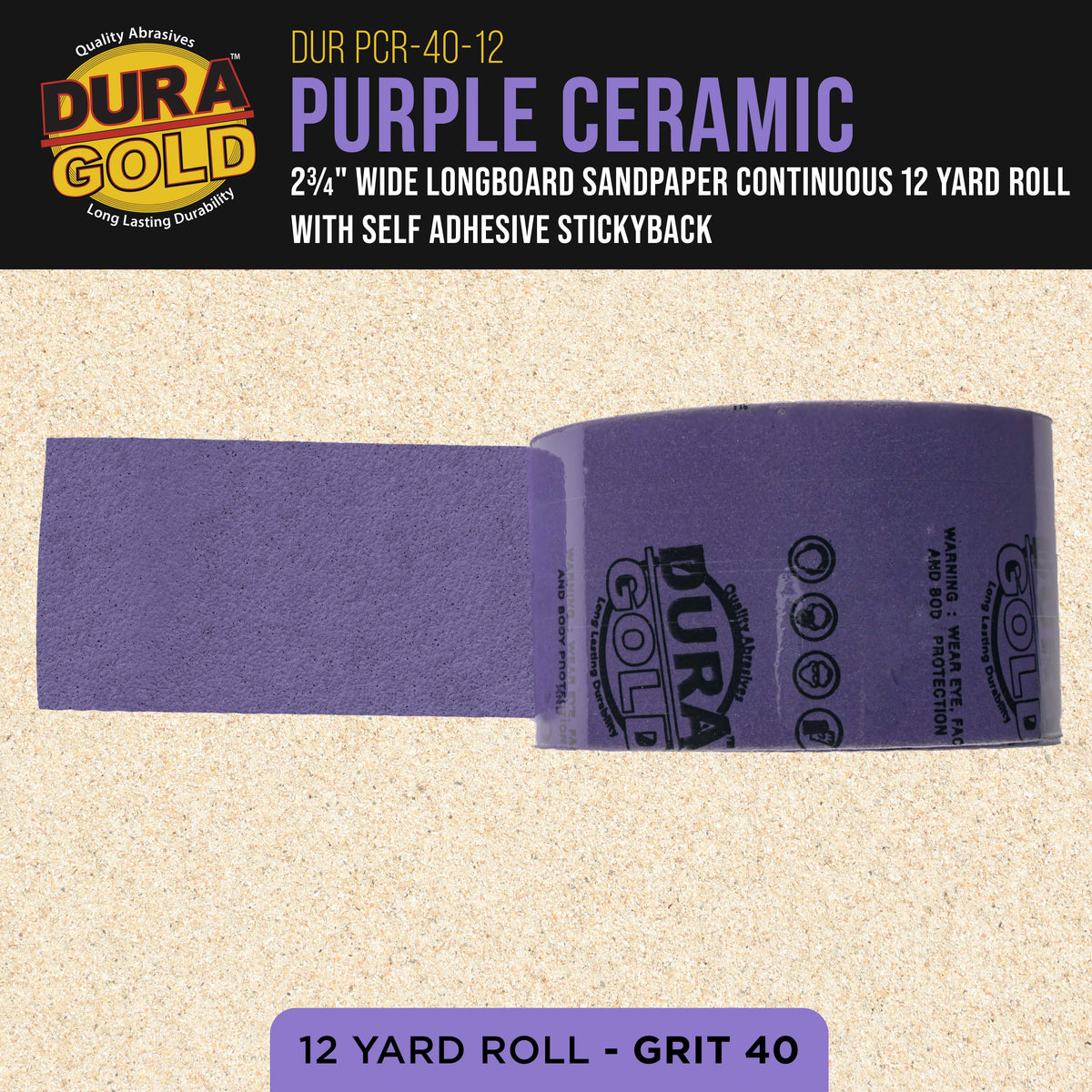 Premium 40 Grit PSA Purple Film Ceramic Longboard Sandpaper, 2-3/4" Wide Continuous 12 Yard Roll - Self Adhesive Stickyback for Auto & Wood Air File Long Board Sanders, Hand Sanding Blocks