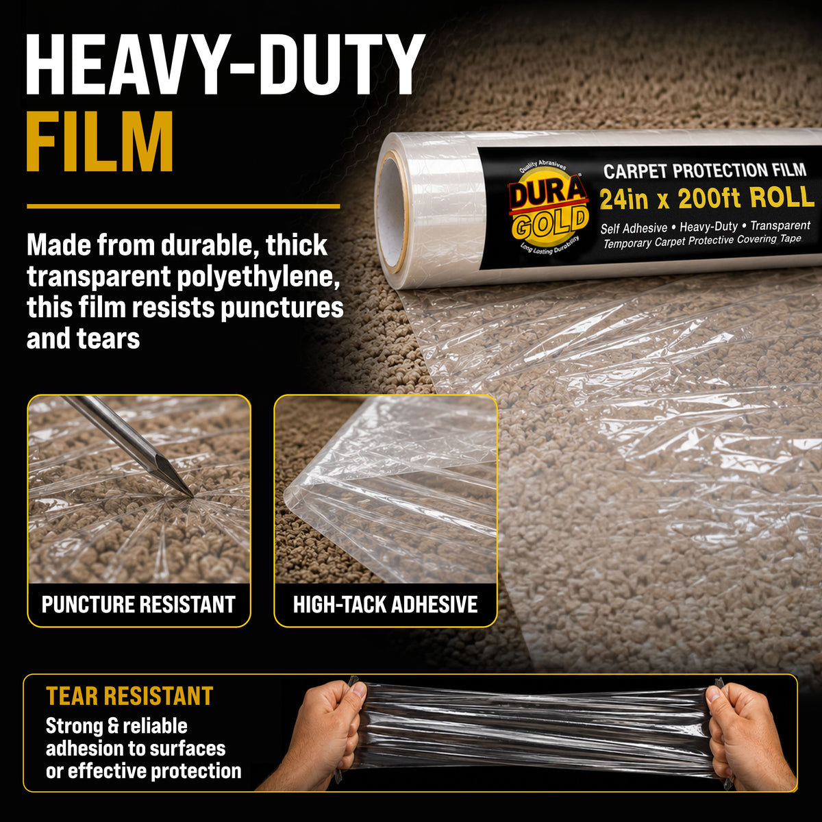 Carpet Protection Film, 24-inch x 200-foot Roll, Clear Plastic Carpet Protector, Self-Adhesive Plastic for Temporary Stair, Rug, and Floor Protection