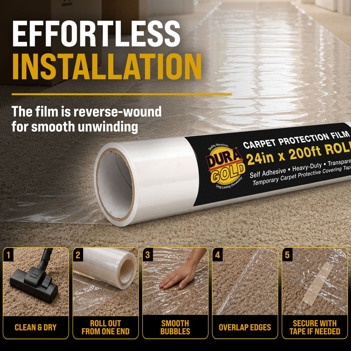 Carpet Protection Film, 24-inch x 200-foot Roll, Clear Plastic Carpet Protector, Self-Adhesive Plastic for Temporary Stair, Rug, and Floor Protection