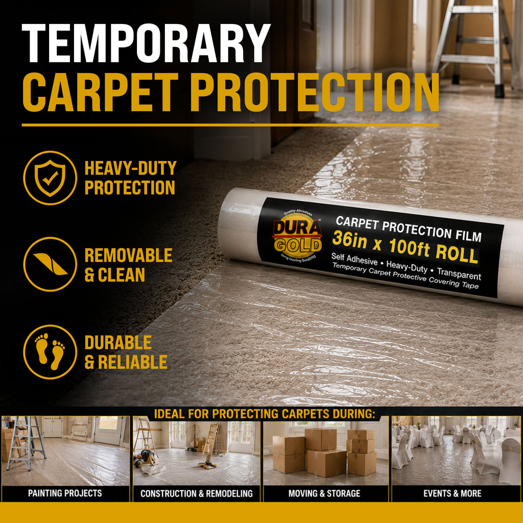 Carpet Protection Film, 36-inch x 100-foot Roll, Clear Plastic Carpet Protector, Self-Adhesive Plastic for Temporary Stair, Rug, and Floor Protection