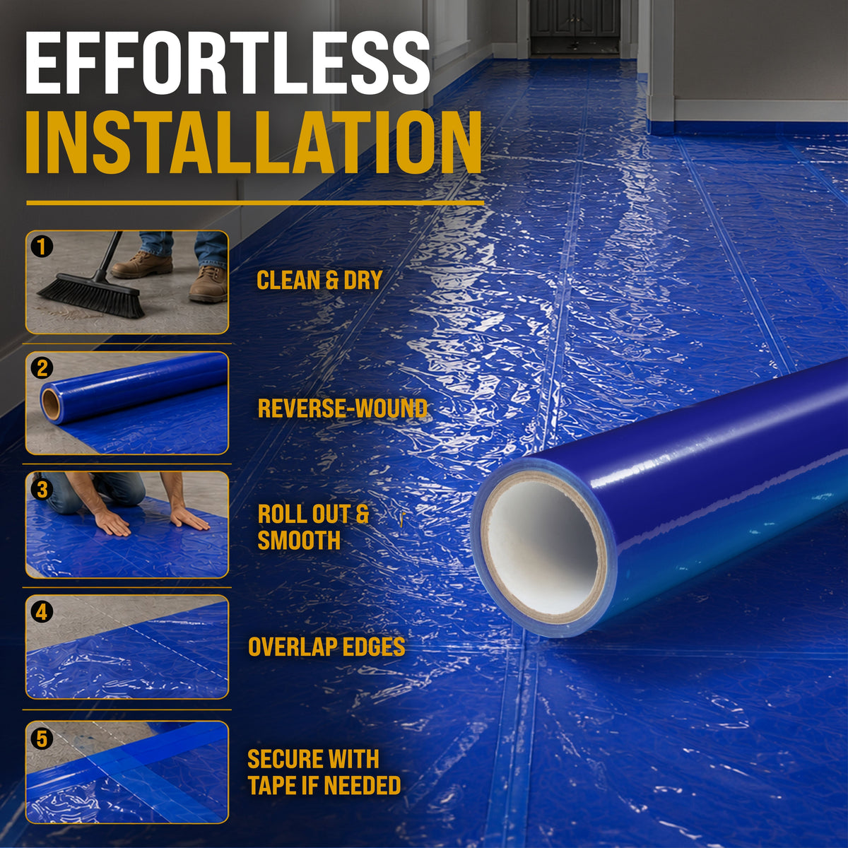 Floor Protection Film, 24-inch x 200-foot Roll, Clear Plastic Floor Protector, Self-Adhesive Plastic Floor Protection from Foot Traffic, Paint Spills, Dust, Construction, Moving