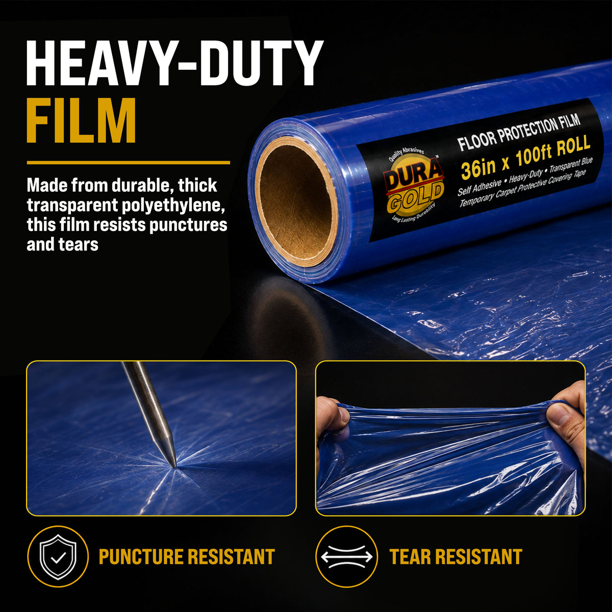 Floor Protection Film, 36-inch x 100-foot Roll, Clear Plastic Floor Protector, Self-Adhesive Plastic Floor Protection from Foot Traffic, Paint Spills, Dust, Construction, Moving