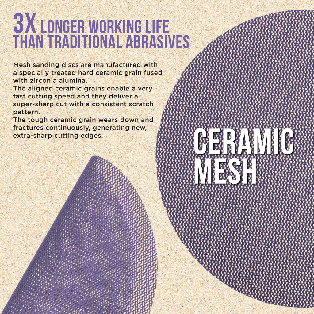Premium 100 Grit 5" Purple Ceramic Mesh Sanding Discs, Box of 30 - Dustless Hook & Loop Backing Sandpaper for DA & Random Orbital Sanders - Long-Lasting Fast Cut