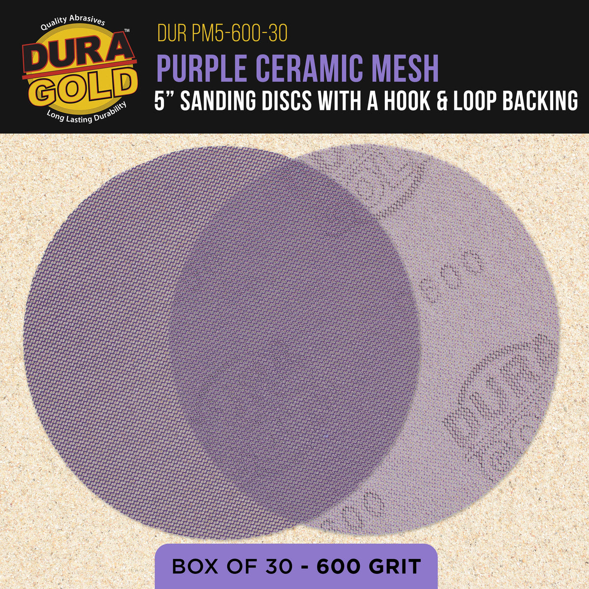 Premium 600 Grit 5" Purple Ceramic Mesh Sanding Discs, Box of 30 - Dustless Hook & Loop Backing Sandpaper for DA & Random Orbital Sanders - Long-Lasting Fast Cut