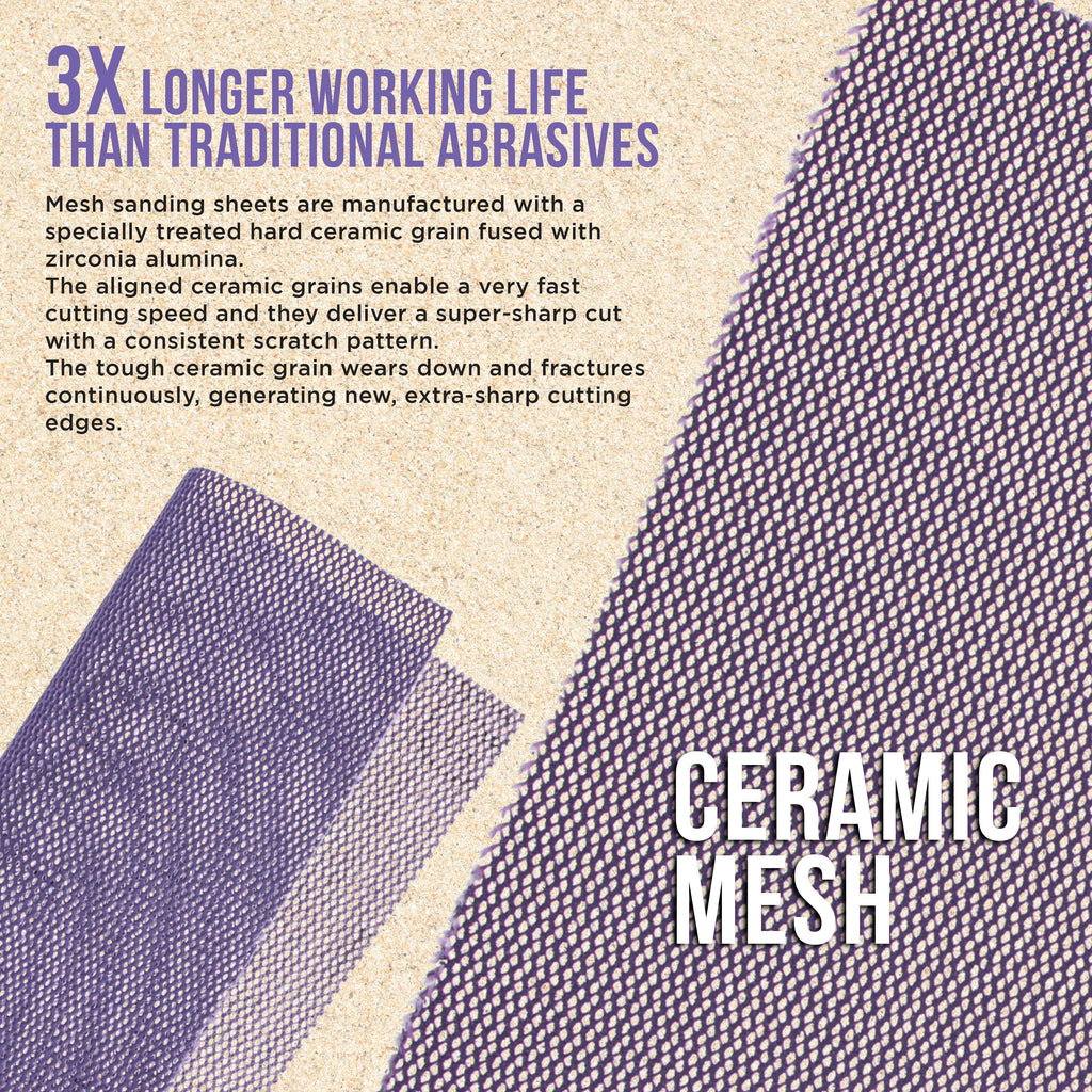 Premium 180 Grit 1/4 Sheet Size Purple Ceramic Mesh Sandpaper, Box of 16 - 4.5" x 5.5" Dustless Hook & Loop Backing, Palm Sanders, Sanding Blocks - Long-Lasting Fast Cut