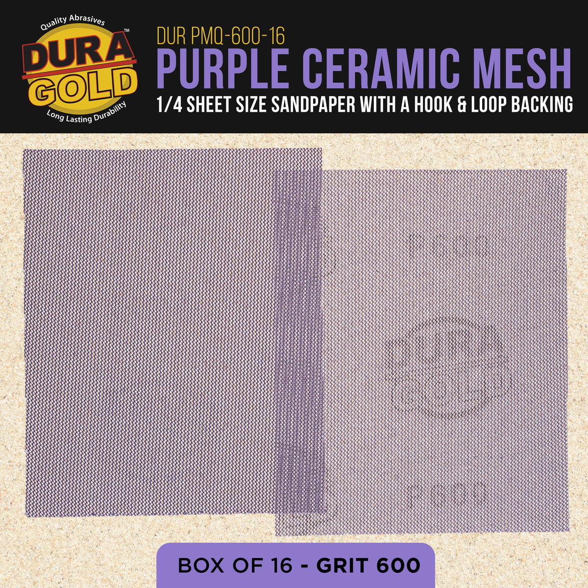Premium 600 Grit 1/4 Sheet Size Purple Ceramic Mesh Sandpaper, Box of 16 - 4.5" x 5.5" Dustless Hook & Loop Backing, Palm Sanders, Sanding Blocks - Long-Lasting Fast Cut