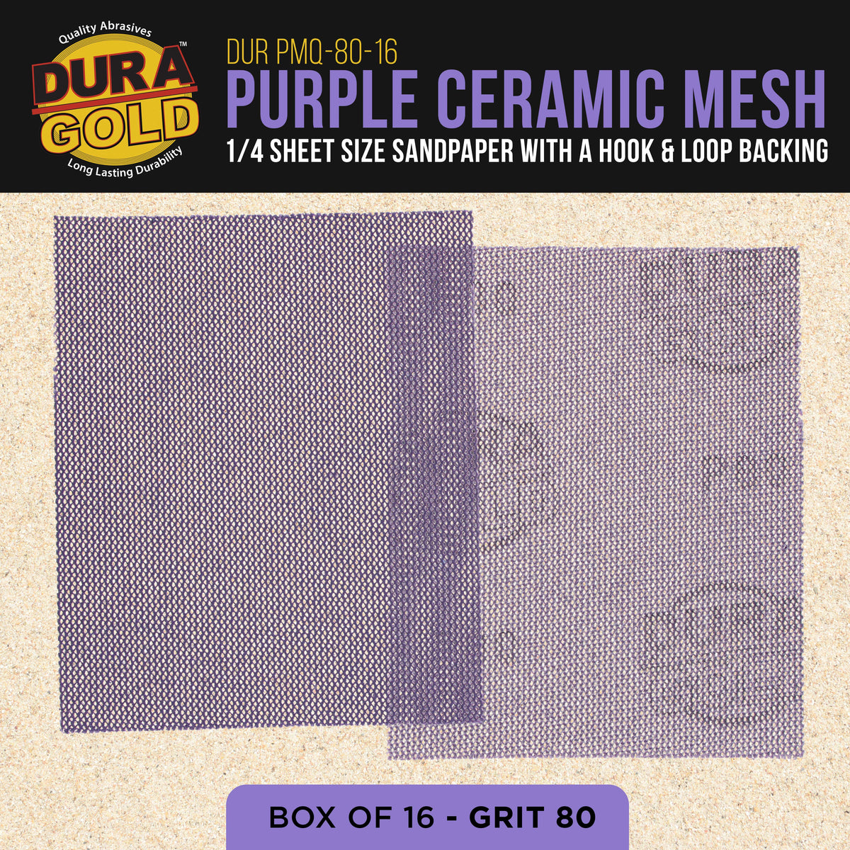 Premium 80 Grit 1/4 Sheet Size Purple Ceramic Mesh Sandpaper, Box of 16 - 4.5" x 5.5" Dustless Hook & Loop Backing, Palm Sanders, Sanding Blocks - Long-Lasting Fast Cut