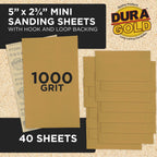 Premium 5" x 2.75" Gold Sandpaper Sheets, 1000 Grit (Box of 40) - Hook & Loop Backing, Wood Furniture Woodworking, Auto Paint - For Palm Sanders, Clip-On, Hand Sanding Blocks