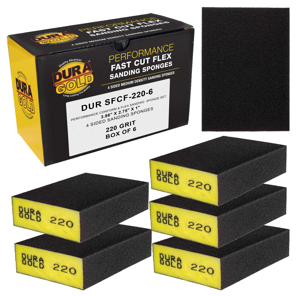 220 Grit 4-Sided Hand Sanding Block Sponges, Box of 6 - Performance Flex 3.9" x 2.75" x 1" Wet or Dry Flexible Sandpaper Abrasive Brick Pads, Reusable - Sand Wood, Drywall, Metal, Auto Paint