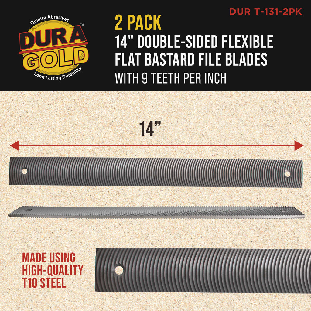 14" Flexible Flat Bastard File Blade, Double-Sided with 9 Teeth Per Inch, Pack of 2 - Mounting Holes for Adjustable Body File Holder