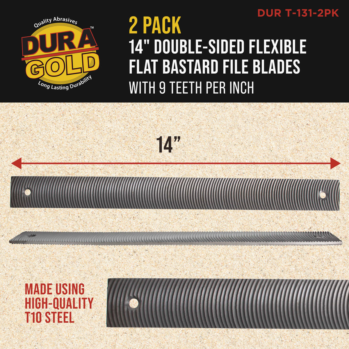14" Flexible Flat Bastard File Blade, Double-Sided with 9 Teeth Per Inch, Pack of 2 - Mounting Holes for Adjustable Body File Holder