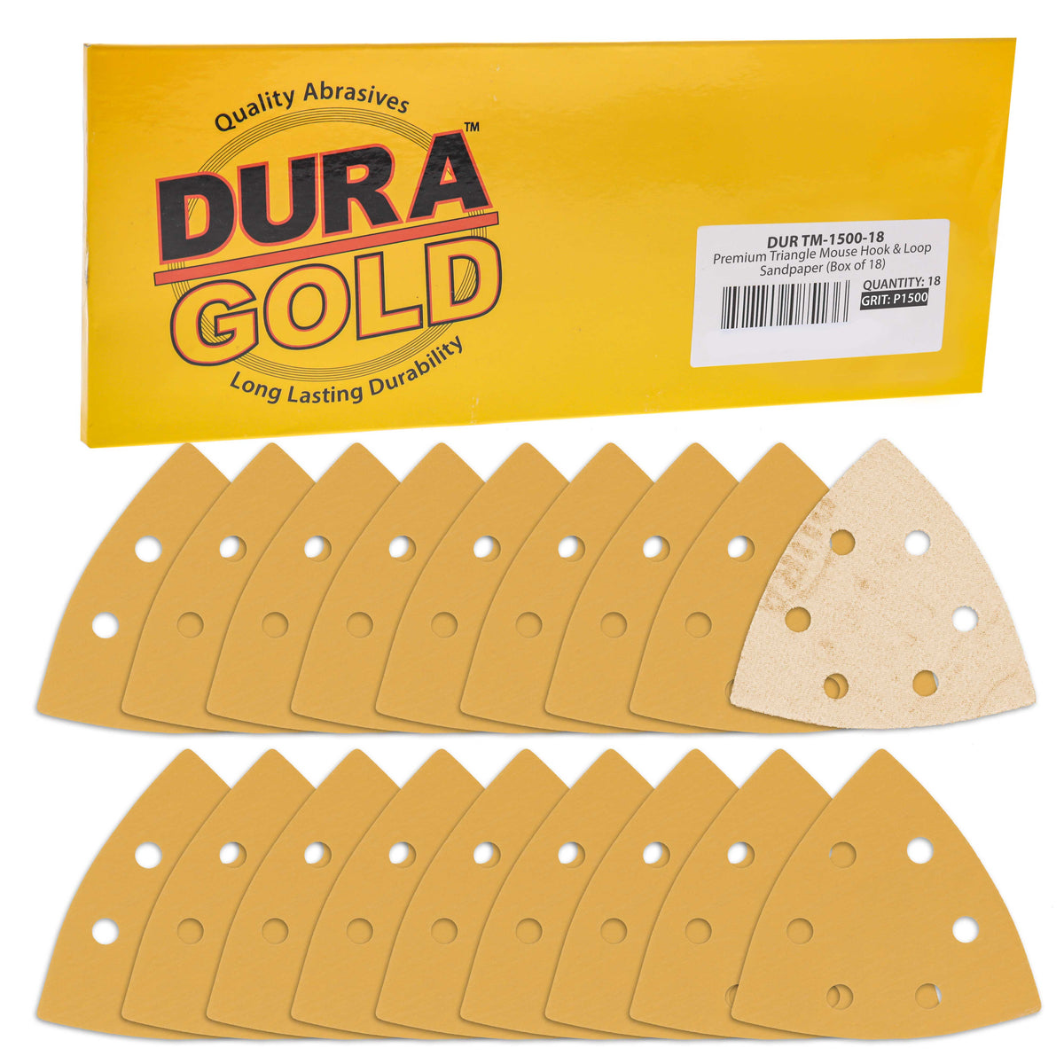 Triangle Mouse Sanding Sheets - 1500 Grit (Box of 18) - 6 Hole Pattern Hook & Loop Triangular Shaped Discs - Aluminum Oxide Sandpaper