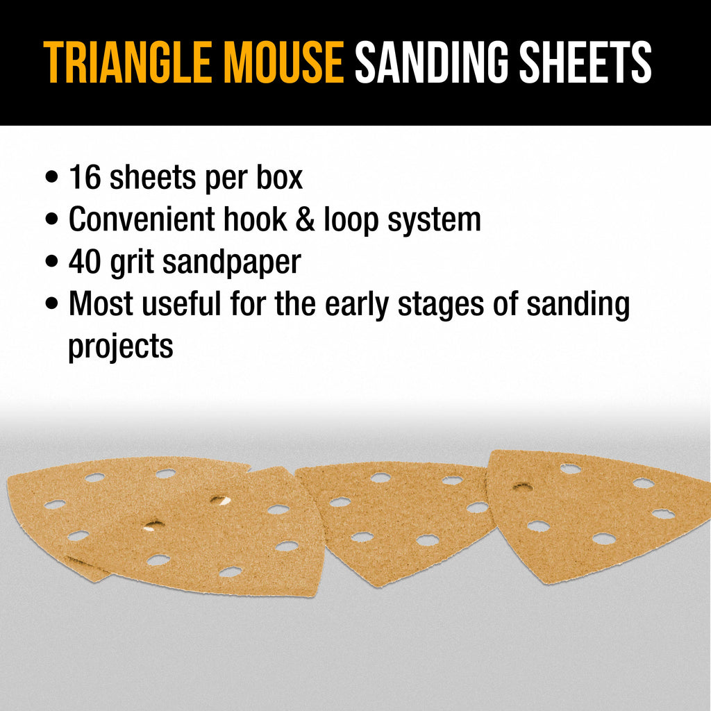 Triangle Mouse Sanding Sheets - 40 Grit (Box of 16) - 6 Hole Pattern Hook & Loop Triangular Shaped Discs - Aluminum Oxide Sandpaper