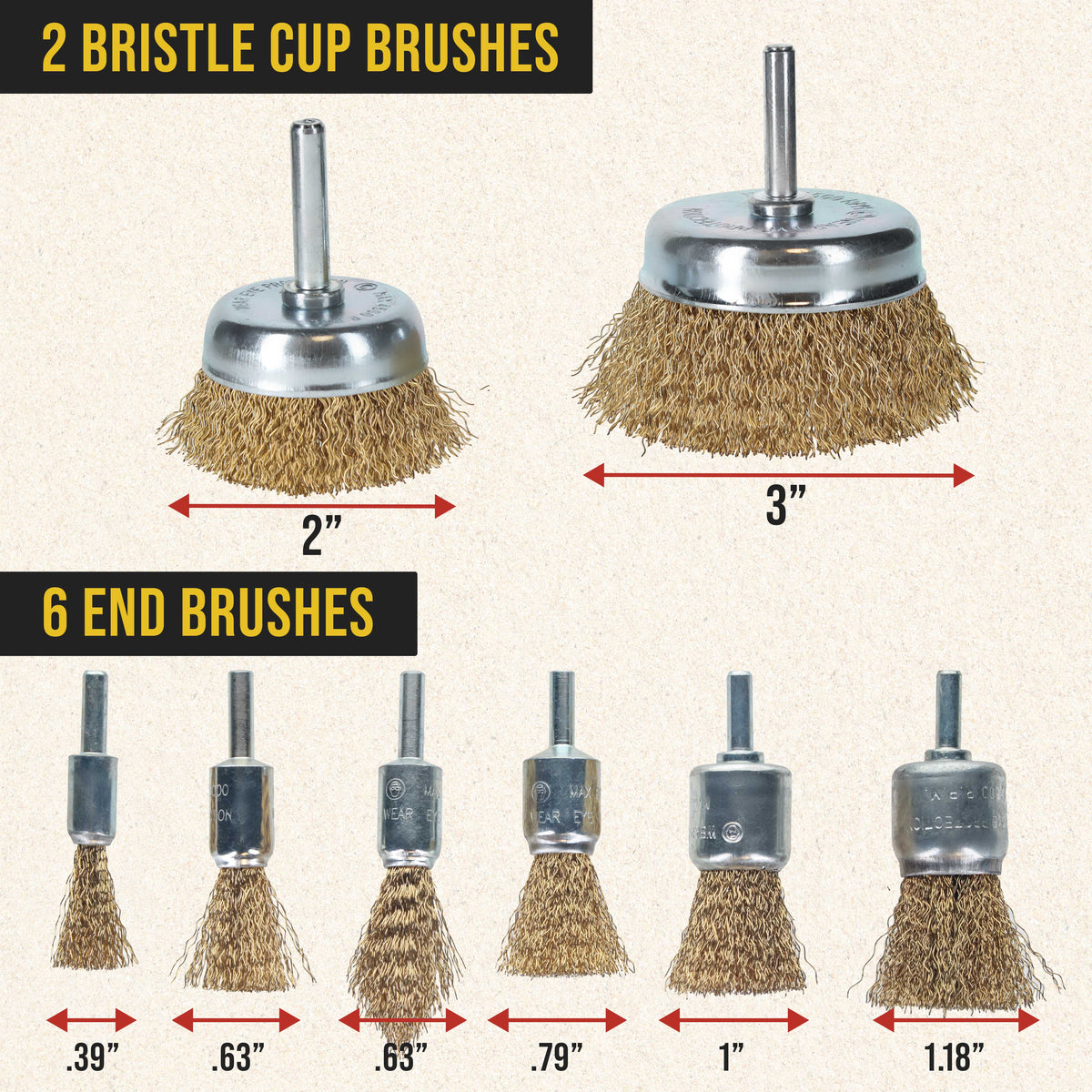 12-Piece Abrasive Brass-Coated Wire Wheel, Cup Brush, and End Brush Set, 1/4" Drill Shank - Clean Remove Grind, Strip Rust, Corrosion, Paint
