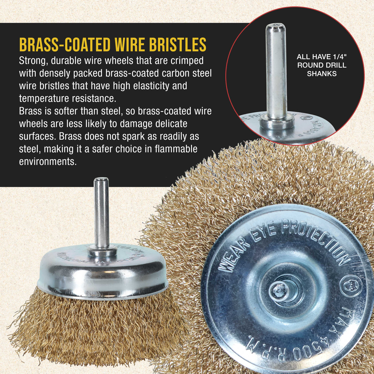 7-Piece Abrasive Brass-Coated Wire Wheel, Cup Brush, and End Brush Set, 1/4" Drill Shank - Clean Remove Grind, Strip Rust, Corrosion, Paint