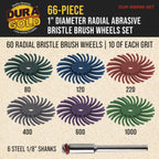 66-Piece 1" Diameter Radial Abrasive Bristle Brush Wheels Set - 10 Each Grits 80, 120, 220, 400, 600, 1000, 6 Rotary Tool 1/8" Steel Shanks