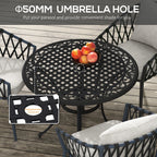 Garden Table with Parasol Hole, 90cm Round Outdoor Dining Table for 2-4, Cast Aluminium Bistro Coffee Table for Balcony - Black