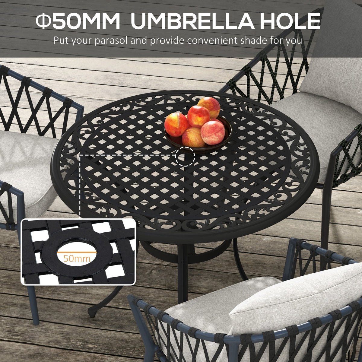 Garden Table with Parasol Hole, 90cm Round Outdoor Dining Table for 2-4, Cast Aluminium Bistro Coffee Table for Balcony - Black