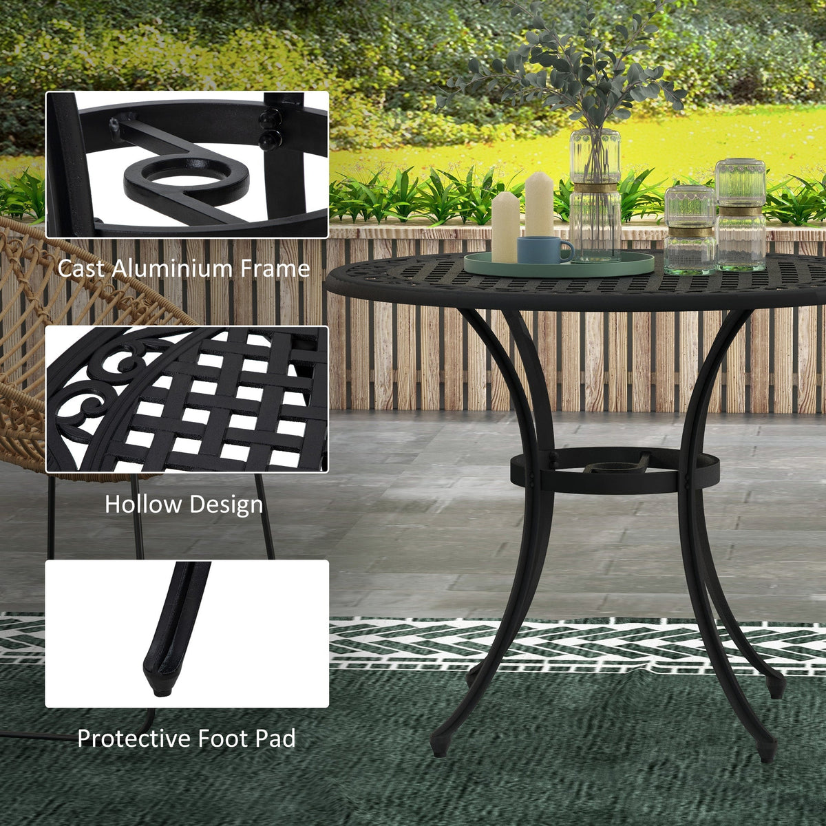 Garden Table with Parasol Hole, 90cm Round Outdoor Dining Table for 2-4, Cast Aluminium Bistro Coffee Table for Balcony - Black