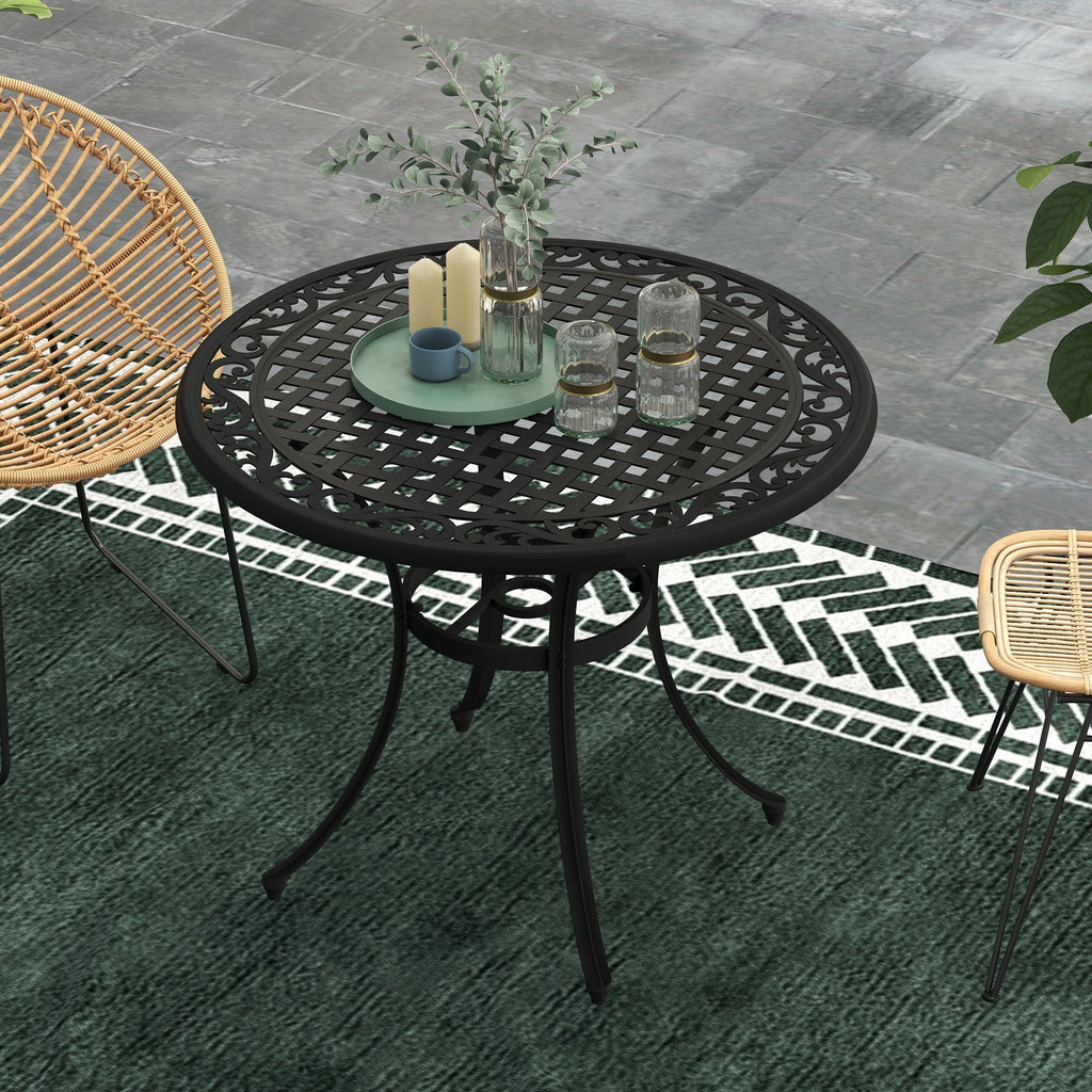 Garden Table with Parasol Hole, 90cm Round Outdoor Dining Table for 2-4, Cast Aluminium Bistro Coffee Table for Balcony - Black