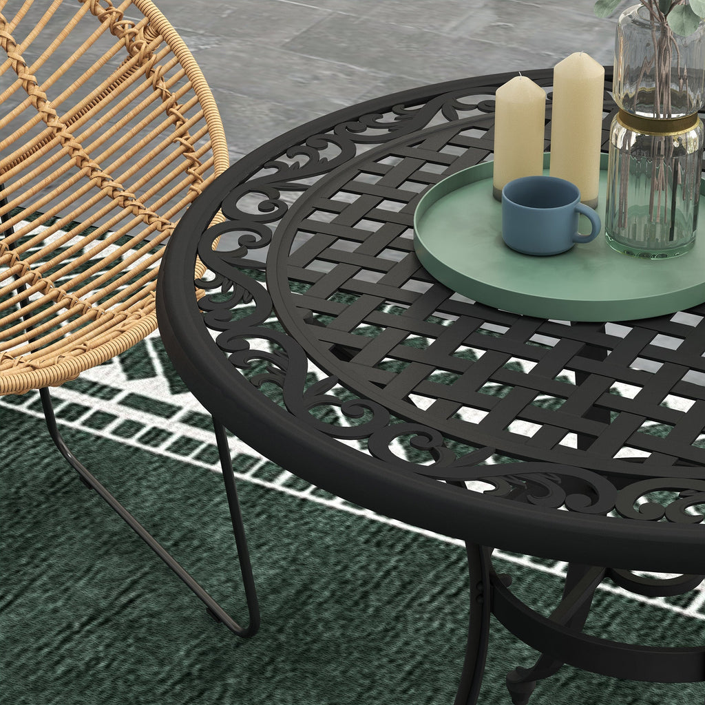 Garden Table with Parasol Hole, 90cm Round Outdoor Dining Table for 2-4, Cast Aluminium Bistro Coffee Table for Balcony - Black