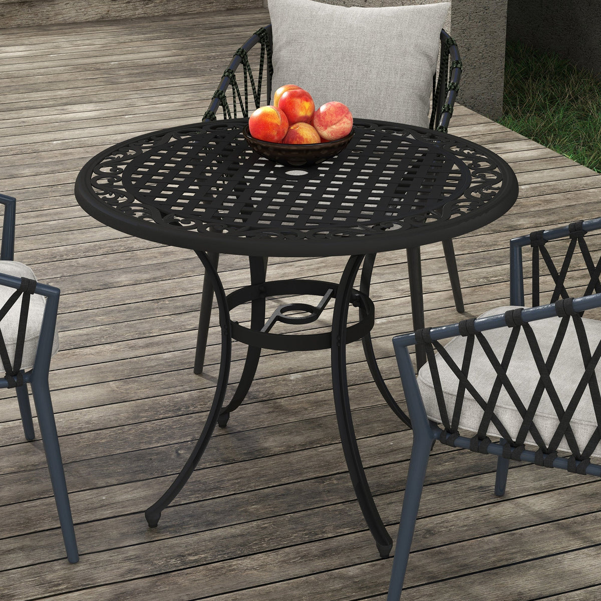 Garden Table with Parasol Hole, 90cm Round Outdoor Dining Table for 2-4, Cast Aluminium Bistro Coffee Table for Balcony - Black