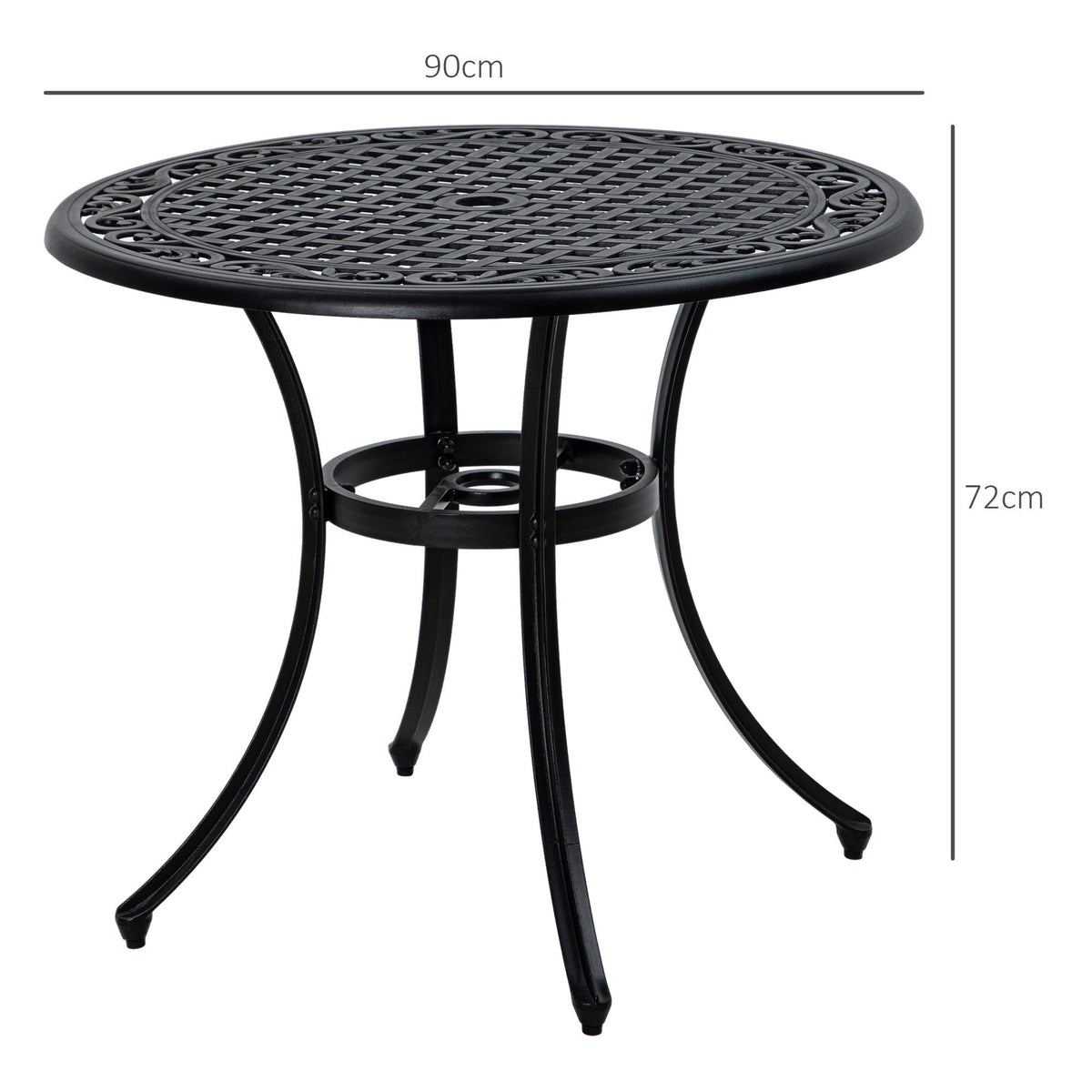 Garden Table with Parasol Hole, 90cm Round Outdoor Dining Table for 2-4, Cast Aluminium Bistro Coffee Table for Balcony - Black