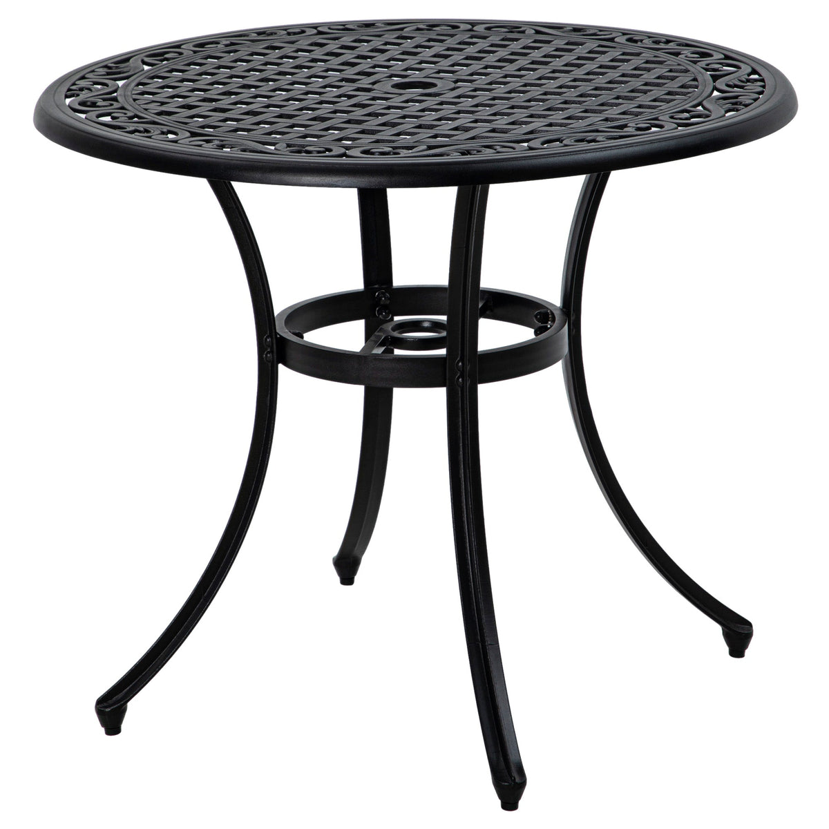 Garden Table with Parasol Hole, 90cm Round Outdoor Dining Table for 2-4, Cast Aluminium Bistro Coffee Table for Balcony - Black