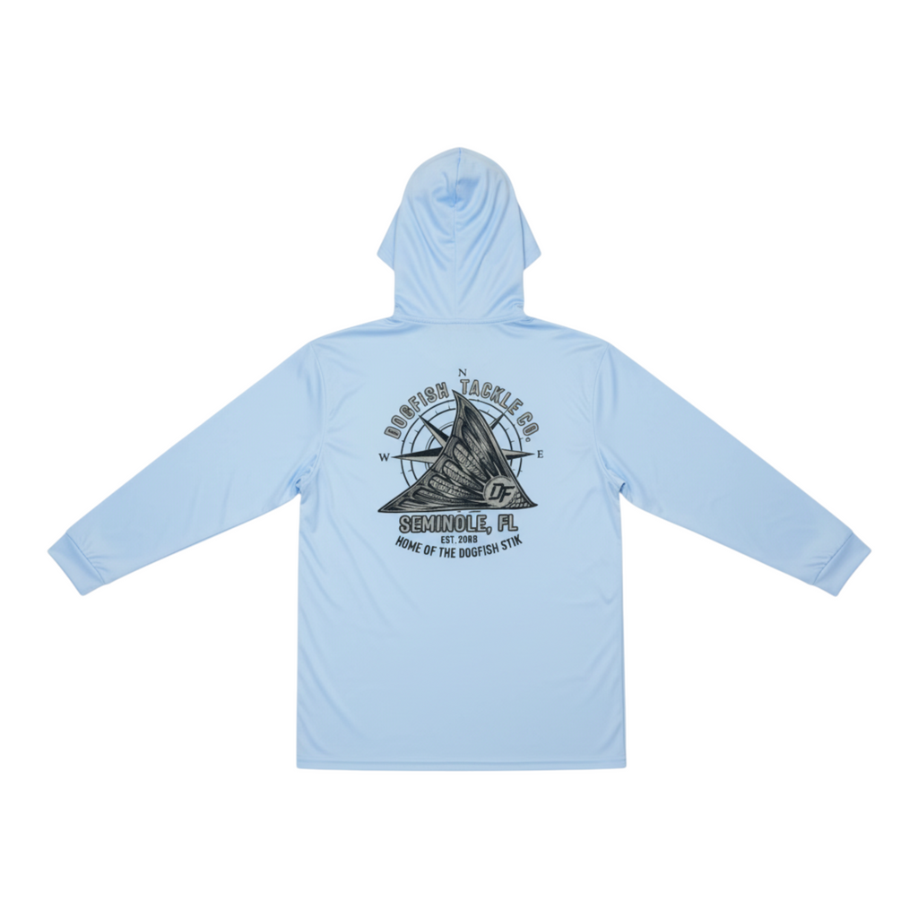 Back view of a light blue Dogfish Tackle & Marine long sleeve performance fishing hoodie with a compass logo graphic.