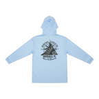 Back view of a light blue Dogfish Tackle & Marine long sleeve performance fishing hoodie with a compass logo graphic.