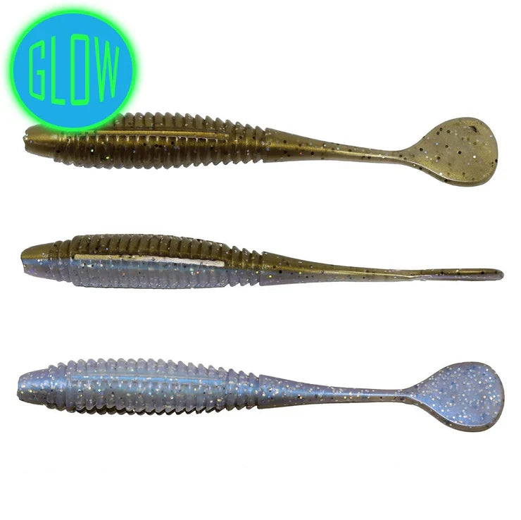 Three soft fishing lures in shades of green and blue with ribbed bodies and paddle tails, designed as Fish Frostbite USA 5.1" Dragon Slayer (130mm) glow-in-the-dark lures.
