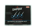 Umpqua Dreamstream Fly Tying Tool KIts featuring a 3-piece scissor kit with dressing, all-purpose, and arrow point scissors in a compact clear plastic case for fishing tackle use.