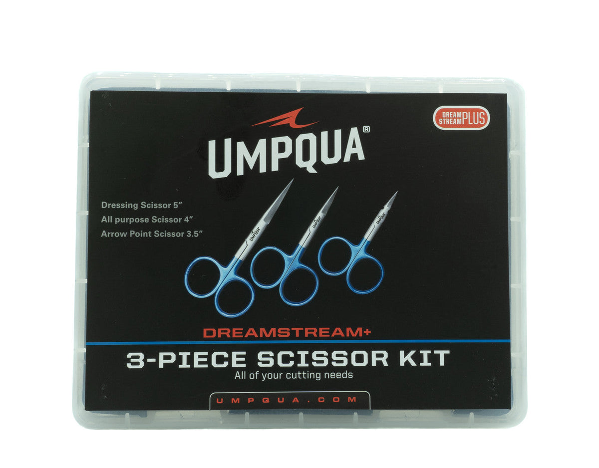 Umpqua Dreamstream Fly Tying Tool KIts featuring a 3-piece scissor kit with dressing, all-purpose, and arrow point scissors in a compact clear plastic case for fishing tackle use.