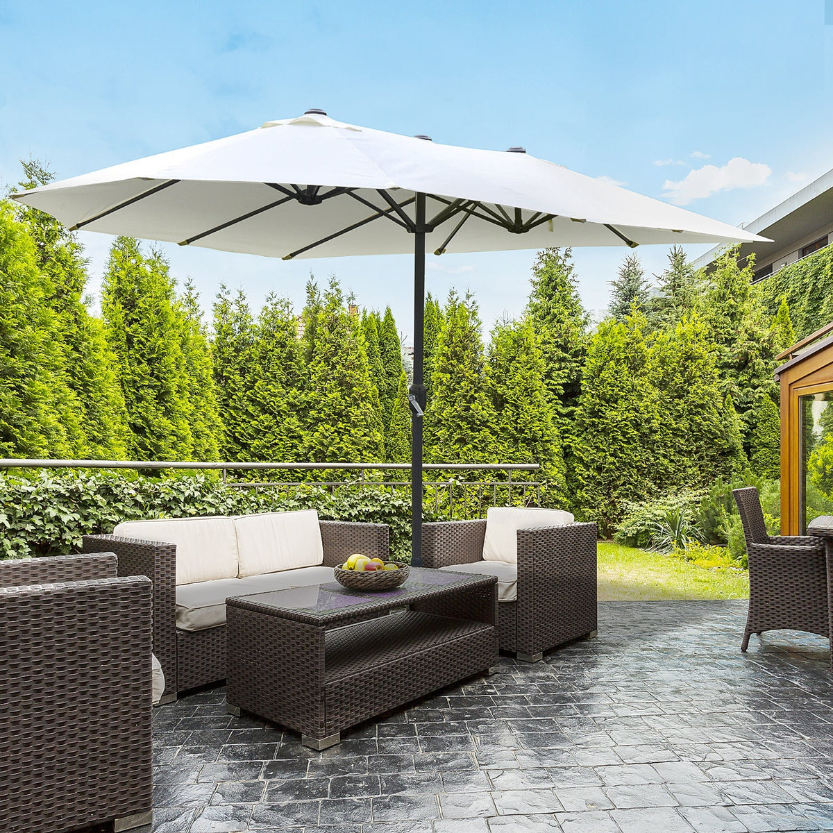 15' Steel Rectangular Patio Umbrella with UV Protection, Easy Crank & Double-Sided Design, Beige