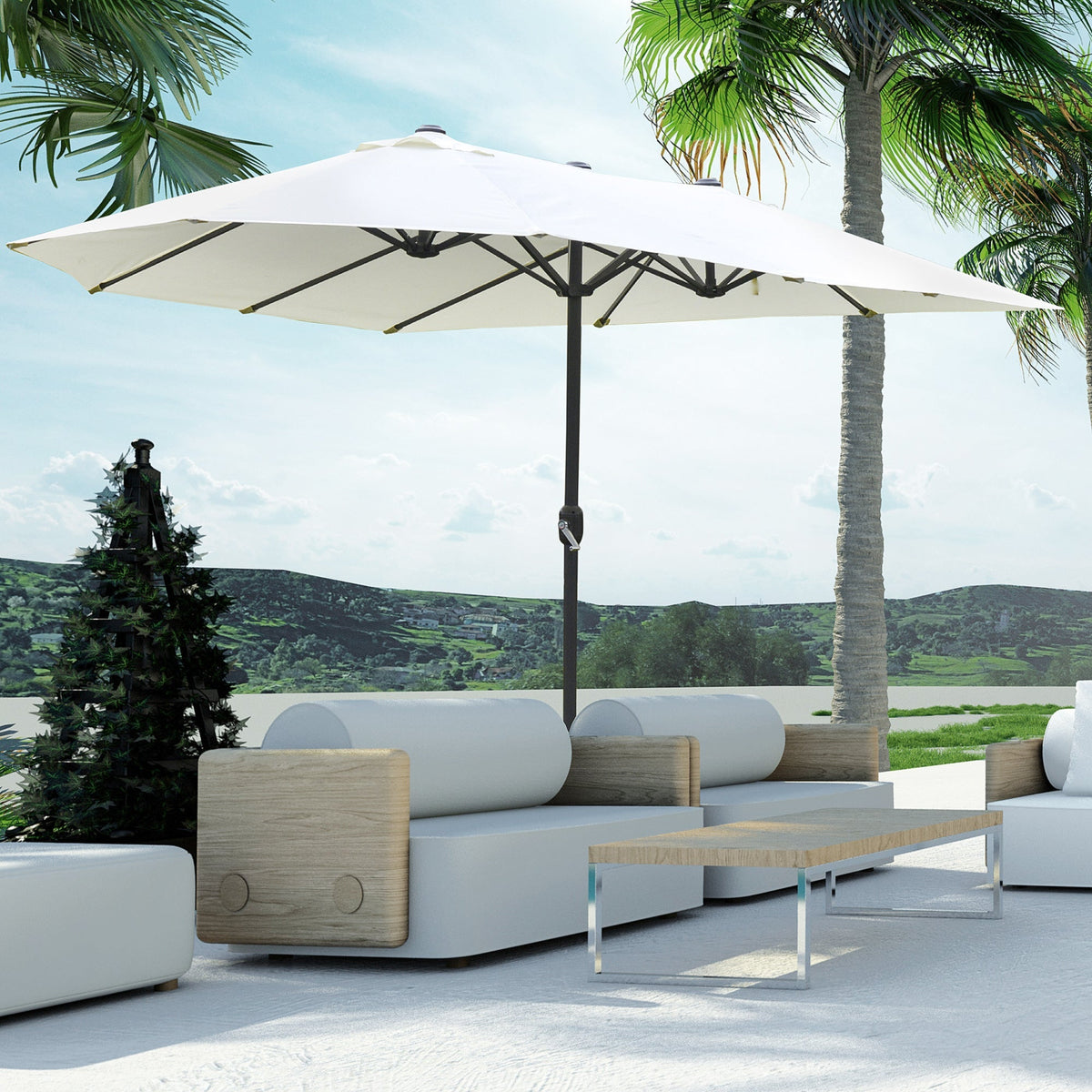 15' Steel Rectangular Patio Umbrella with UV Protection, Easy Crank & Double-Sided Design, Beige