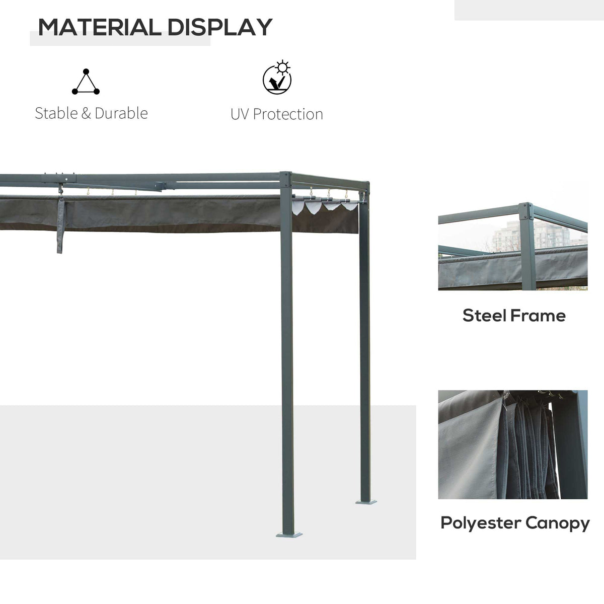10' x 7' Retractable Pergola Canopy, Outdoor Sun Shade, Grey