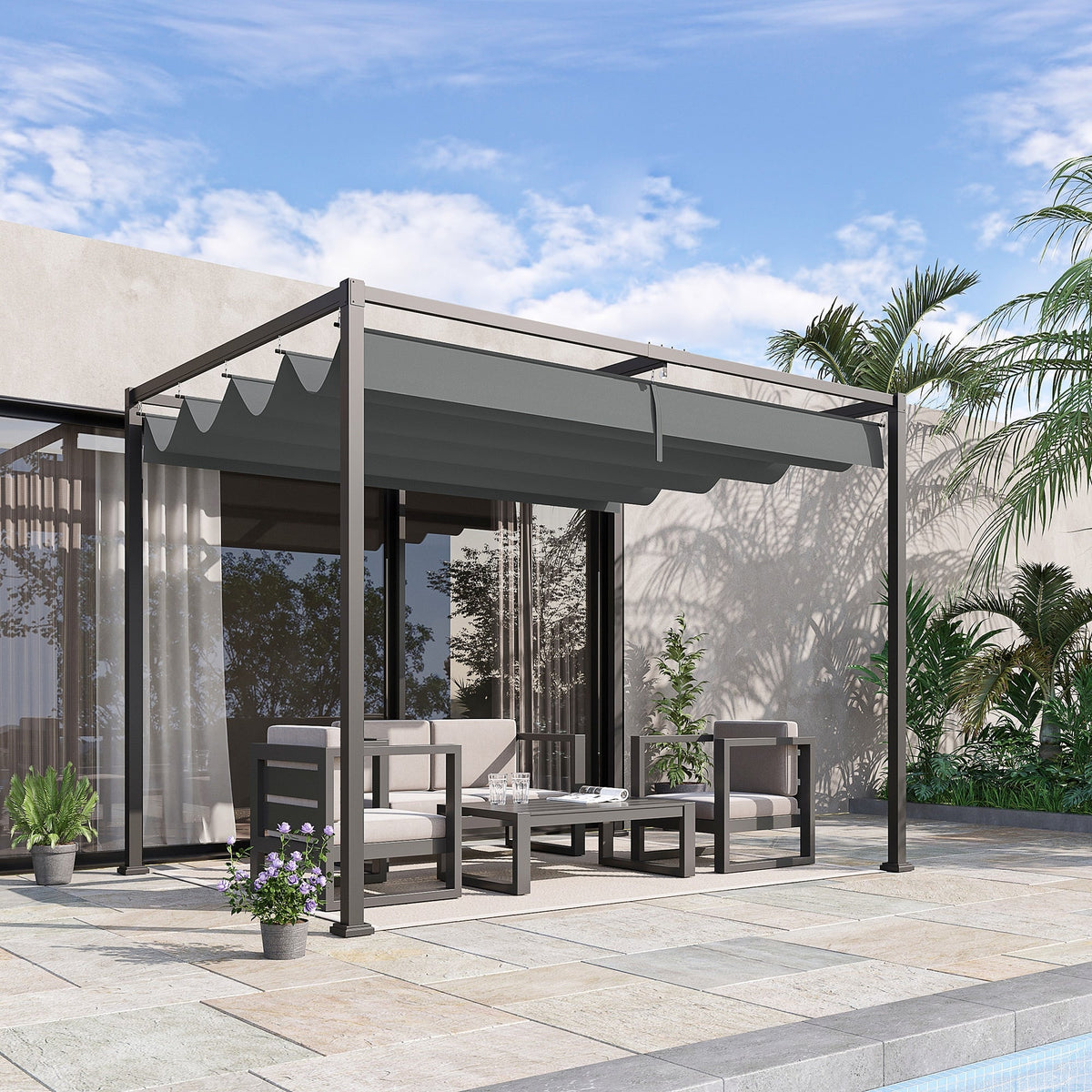 10' x 7' Retractable Pergola Canopy, Outdoor Sun Shade, Grey