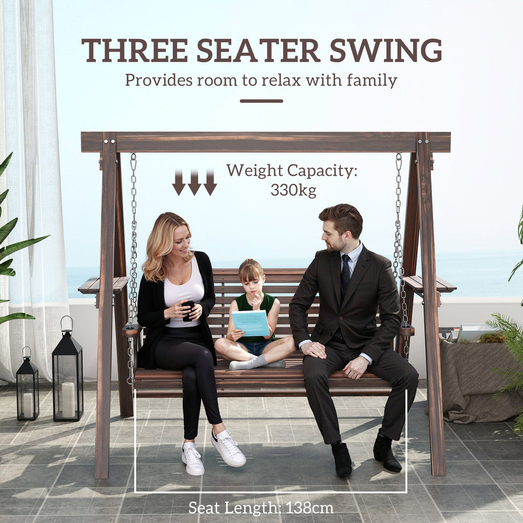 3 Seater Garden Wooden Swing Chair with Side Tables and Metal Chains, Carbonised Brown