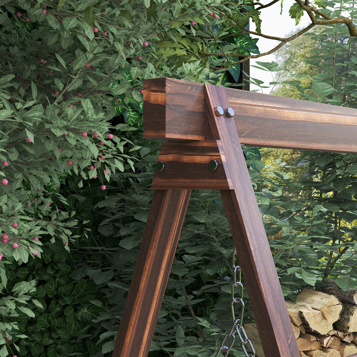 3 Seater Garden Wooden Swing Chair with Side Tables and Metal Chains, Carbonised Brown
