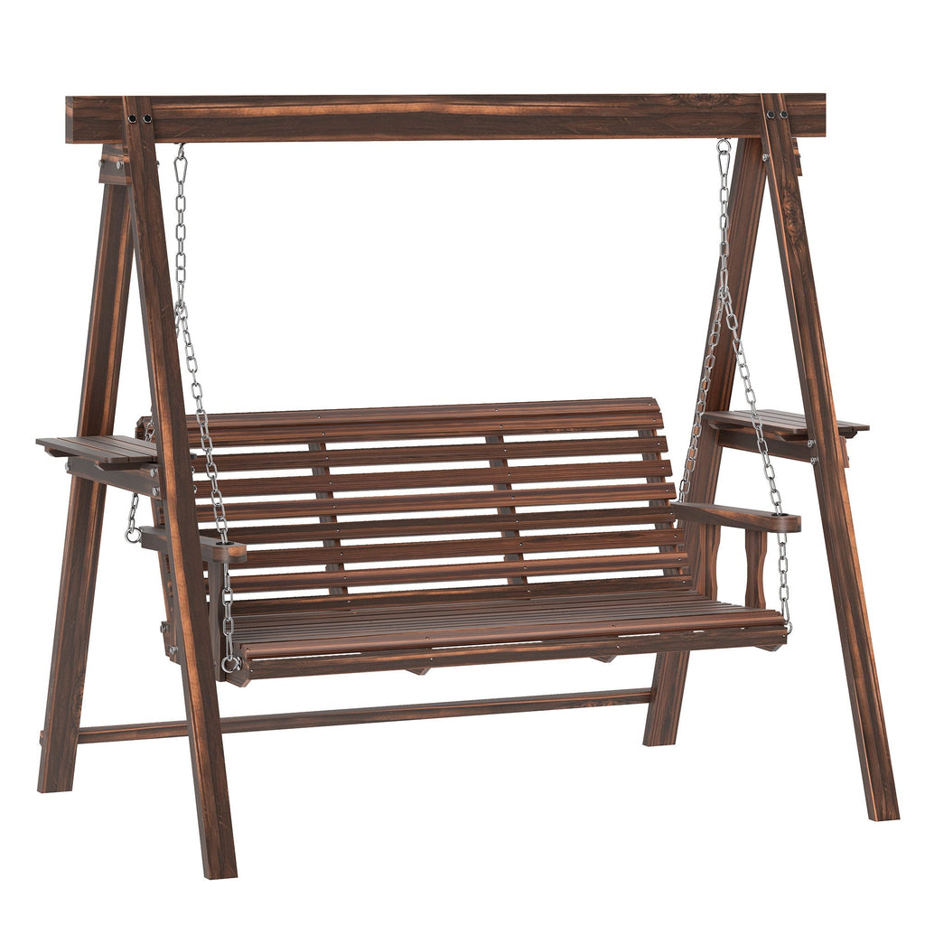 3 Seater Garden Wooden Swing Chair with Side Tables and Metal Chains, Carbonised Brown