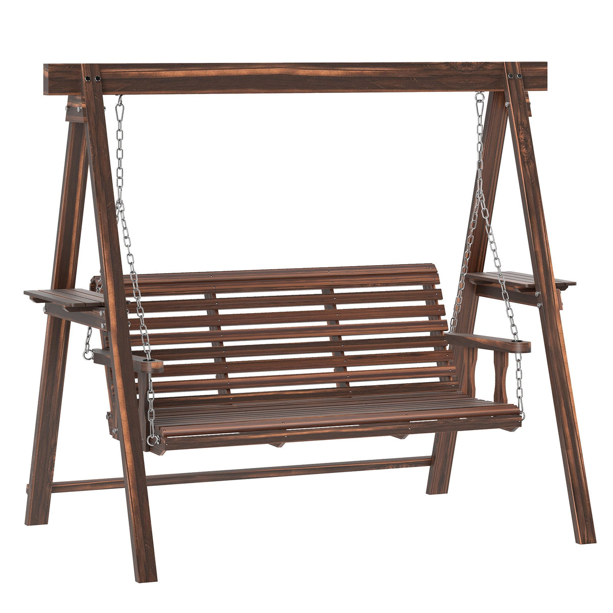 3 Seater Garden Wooden Swing Chair with Side Tables and Metal Chains, Carbonised Brown