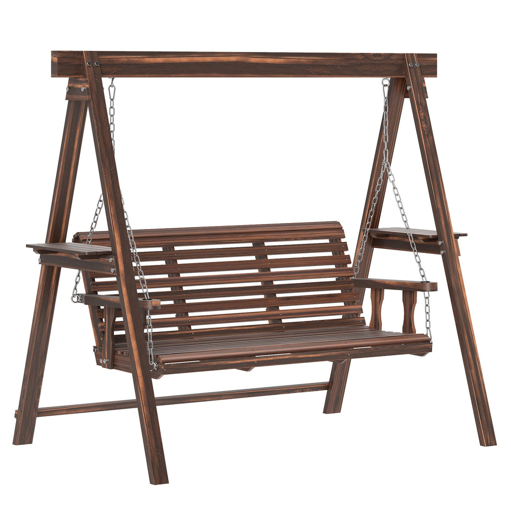 3 Seater Garden Wooden Swing Chair with Side Tables and Metal Chains, Carbonised Brown